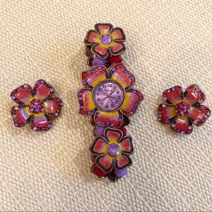 New Floral Enamel Watch & Clip-on Floral Earrings